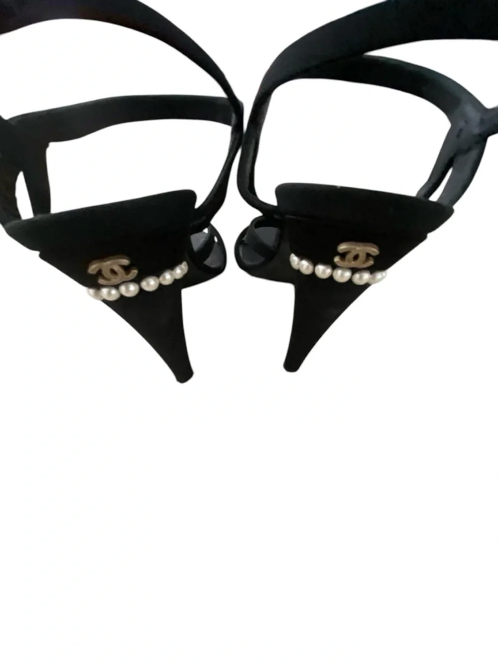 CHANEL Black Satin Strappy Heels with Pearl & Crystal Ornaments size 40